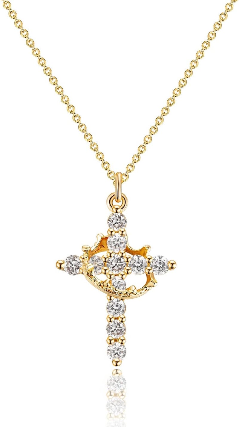 Robaice Upgraded Crown Cross Necklace for Women, 14K Gold Plated Crown Cross Pendant Necklace, Non-Tarnish Faith Jewelry for Women, Christian Religious Gifts for Her - Image 1